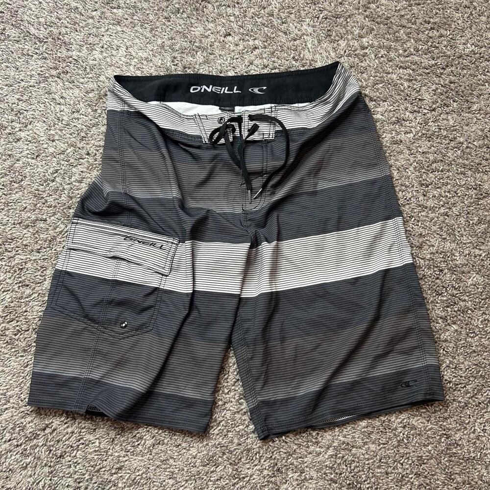 Oneill black gray horizontal striped board shorts